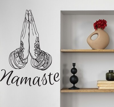 Namaste Hands Decal, Yoga Studio Decor, Yoga Room Art, Floral Namaste Yoga Decal, Yoga Stencil, Motivational Yoga Decor, Yoga Art n033 - image2